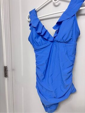 Kona Sol Summer Blue Ruffle Straps Ruched Body Medium Long One-Piece Swimsuit